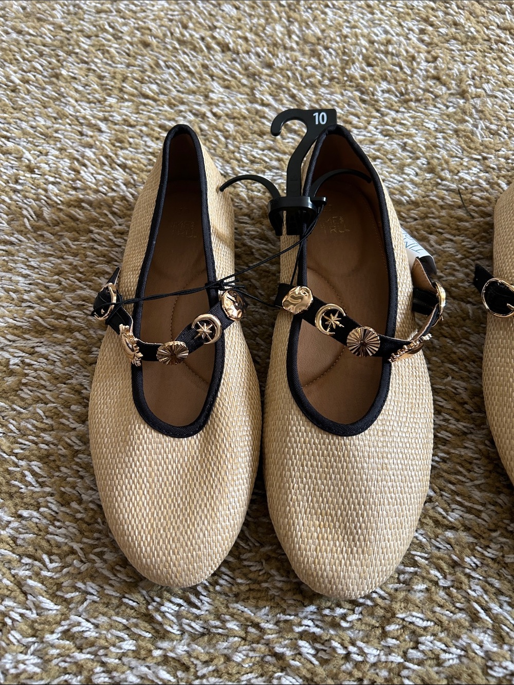 Time and Tru Beige Woven Ballet Flats with Black Trim and Gold Accents